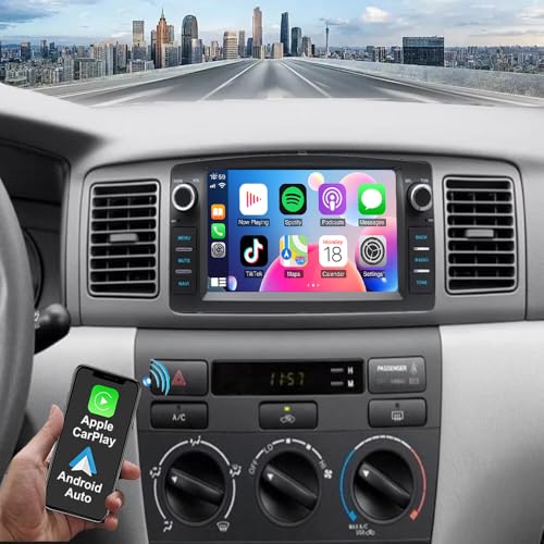 Surakey 4G+64G Android Car Stereo for Toyota Corolla 2000 2001 2002 2003 2004 2005 2006 w/Built-in for CarPlay Wireless Android Auto 7Inch Car Radio GPS w/Bluetooth WiFi FM SWC AHD Backup Camera/Mic