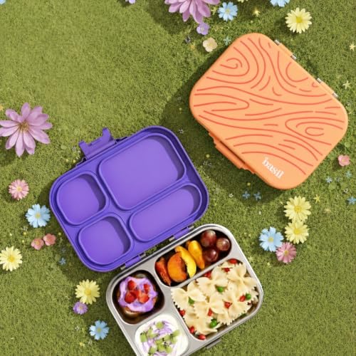 Image of Basil Bento Box Quad - 4 Compartment Stainless Steel Lunch Box with BPA-Free Plastic Lid | 800 ml Leak-Proof Tiffin Box for Kids & Adults | Premium School, Office, and Picnic Lunch Box - Coral Swirl