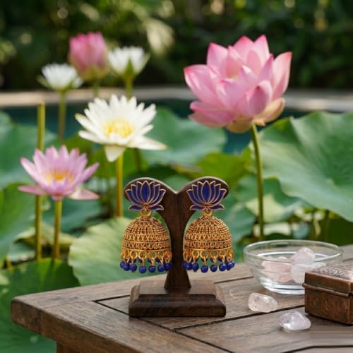 Image of OnlyKing Traditional Lotus Meenakari Jhumka Earrings for Women & Girls | Gold Color Oxidised Ethnic Floral Jhumki | Temple South Indian Style Ear rings Set | Stylish Trending Big Colorful Jhumkas (Available in 12 Colors)