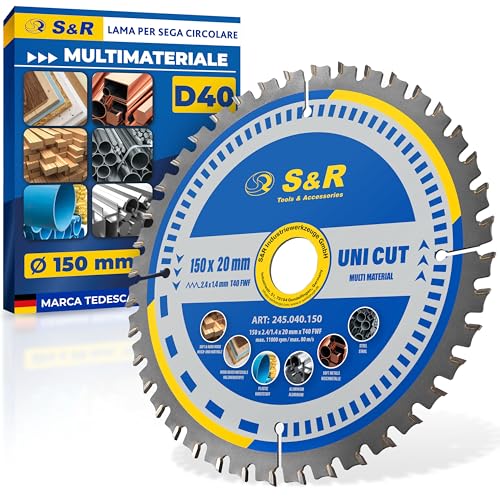 S&R LAMA SEGA CIRCOLARE VANTAGGIO UNICO - Questa lama per sega circolare universale multiuso (150 mm x 20 mm, 40 denti FWF) può tagliare acciaio strutturale fino a 4 mm - Ideale per tagli universali precisi in legno tenero, legno duro, materiali in legno, compensato, parquet e laminato.