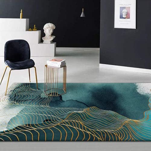 KIKCY Alfombra de salón tradicional de estilo chino, línea dorada y pintura abstracta en tinta verde, alfombra moderna de interior o exterior para sala de estar o terraza (60 x 90 cm)