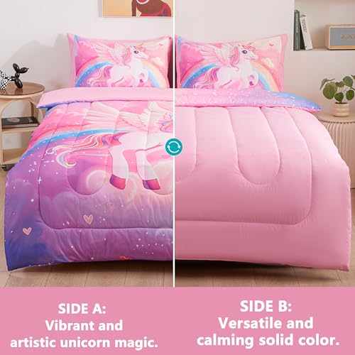 Image of Unicorn Bedding Twin Size for Girls 5 Piece,3D Colorful Pink Purple Unicorn Comforter Set for Girls, Ultra Soft and Fluffy, Rainbow Bed Set with Comforter Sheets Pillowcase & Sham