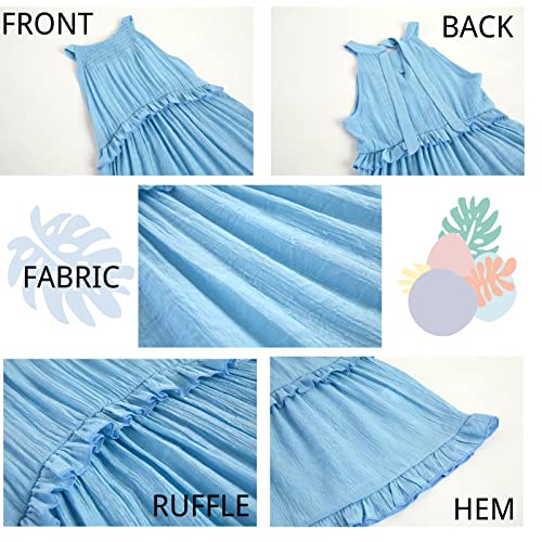 Laseily Girl's Tiered Ruffles Sleeveless Ruched Midi Dress Halter Neck Tie Bow Backless Casual Party Dresses Blue #TOP4