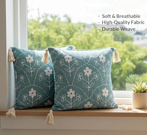 Image of Furnistitchs Handmade Cotton Bohemian Home Decor Cushion Cover 24x24 inches / 60x60 cms - Boho Chic Couch Sofa Throw Living Room Bedroom Cushions (1, Green Floral Arcs)