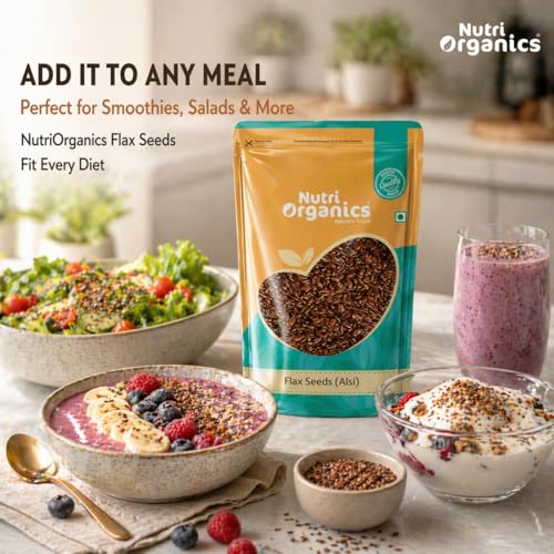 Image of NutriOrganics Premium Raw Flax Seeds 200G - Alsi Seeds|Fibre Rich|Flax Seeds For Hair Growth|Seeds For Eating (Pack of 3)