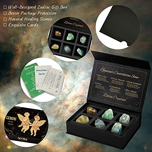 Image of Gemini Crystals Gift Set, Zodiac Signs Healing Crystals Birthstones with Horoscope Box Set Gemini Astrology Crystals Healing Stones Gifts