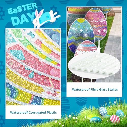 MNKXL 12-Piece Glitter Easter Yard Signs,Extra Large Sparkling Garden Egg Stakes,Waterproof Laser Printed Outdoor Decor for Easter Sidewalk