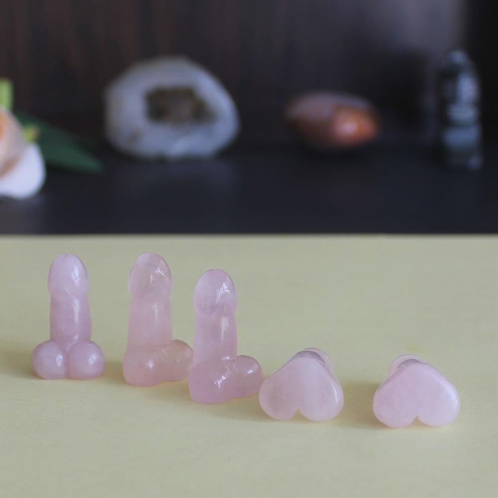 5pcs Mini Carved Rose Quartz Crystal Gemstone Man genital Penis Testicle Figurine Statue Heart Lovely Pocket Stone Lover Gift 1''