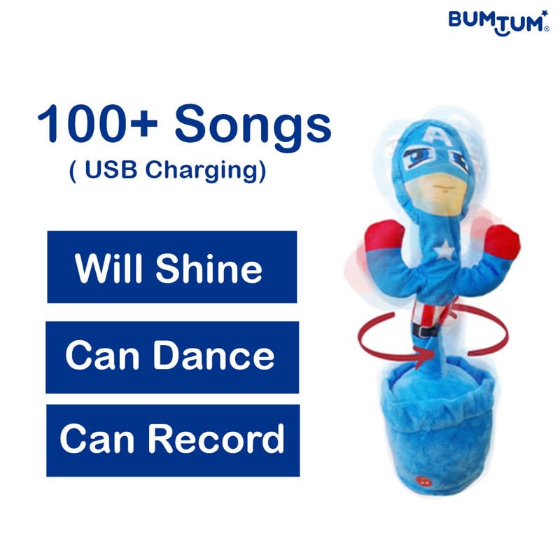 Image of Bumtum Dancing Singing Captain America Theme Character Toy, Wriggle & Singing for Babies & Kids, Plush Musical Electronic Toys, Voice Recording Repeats(Blue)