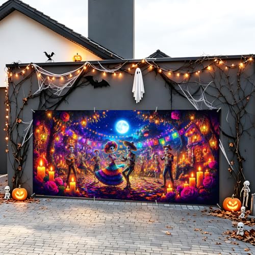 Image of Halloween Garage Door Decorations 6 x 13 ft, Skeleton Party Cover
