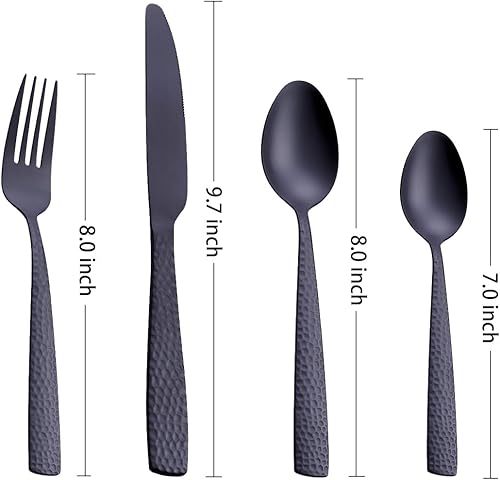 Miniatura 3 de Juego de 6 cubiertos martillados de acero inoxidable mate, 24 piezas, incluye tenedor, cuchara y cuchillo para cocinas del hogar, apto para