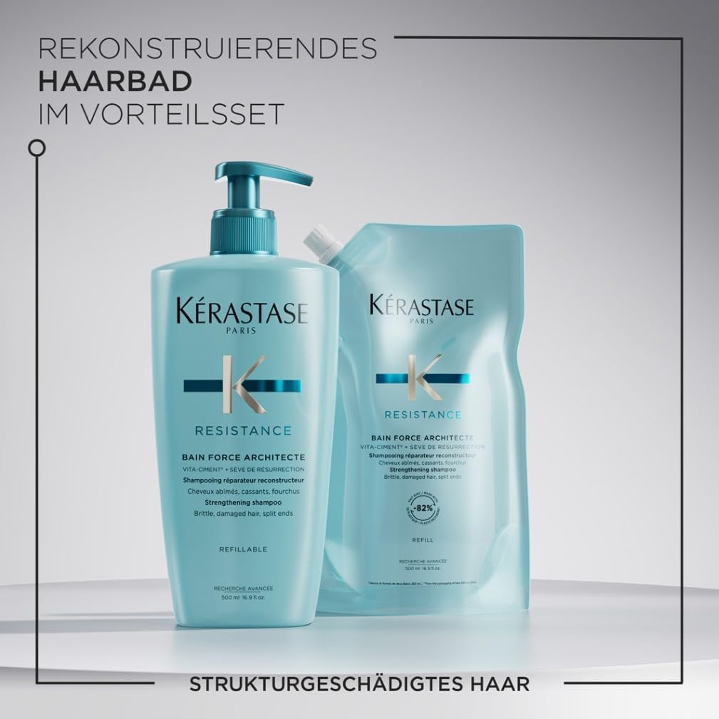 Kérastase Résistance Bain Force Architecte Nachfüllset, Regenerierendes Shampoo bei geschädigtem Haar, Enthält: Résistance Bain Force Architecte 500 ml im Pumpspender sowie 500-ml-Nachfüllpackung
