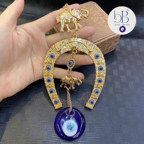Image of BLUE BEADS Turkish Feng Shui Vastu Blue Glass Evil Eye Hanging /Door Hanging Nazar Batu for Protection and Good Luck - Perfect for Gifting Home or Office (GHODE NI NAL - Gold)