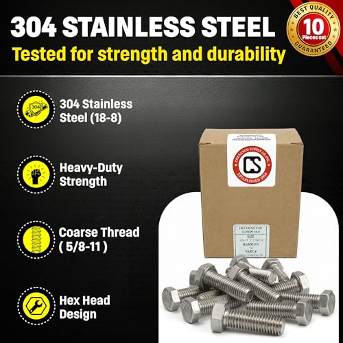 Image of Chenango Supply 5 /8-11 x 2 Stainless Steel Hex Head Bolts - 304 Stainless, USS Coarse Thread, 100,000-125,000 PSI Tensile Strength, Corrosion-Resistant Hardware Bolts, (10 Pieces, 5 /8-11 x 2)