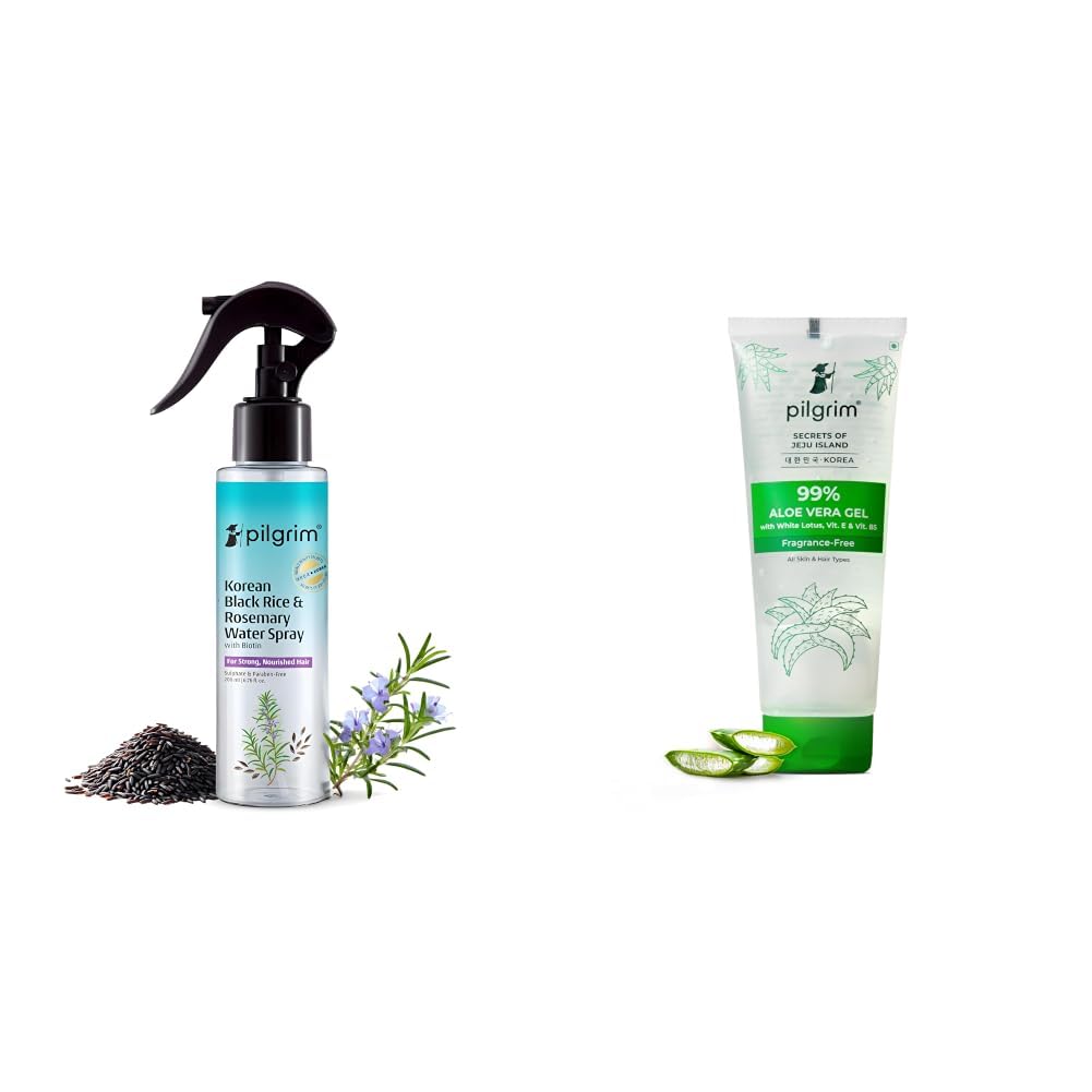 Pilgrim Korean Black Rice and Rosemary Water Spray With Biotin For Strong, Nourished Hair 200ml & Korean 99% Pure Aloe Vera Gel 200ml with Vitamin E & Vitamin B5 for Face & Hair-picture-32