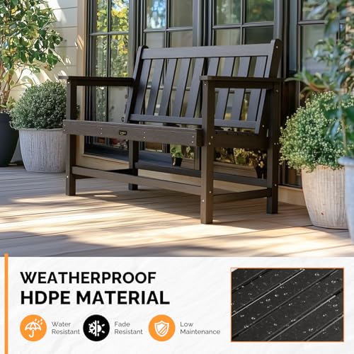 Image of VINGLI 49in HDPE Outdoor Bench with Backrest and Armrests, 2-Person Weatherproof Patio Bench, Heavy Duty 600 lbs Capacity, Low Maintenance Garden Benches for Porch Backyard Poolside Park (Black)