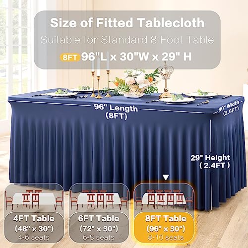 Image of 3 Packs Navy Blue Spandex Tablecloths for 8 Foot Rectangle Tables, Stretchy Fitted 8FT Blue Table Skirt for Wedding Party, Wrinkle Free Tablecloths for Banquet Wedding Birthday Party