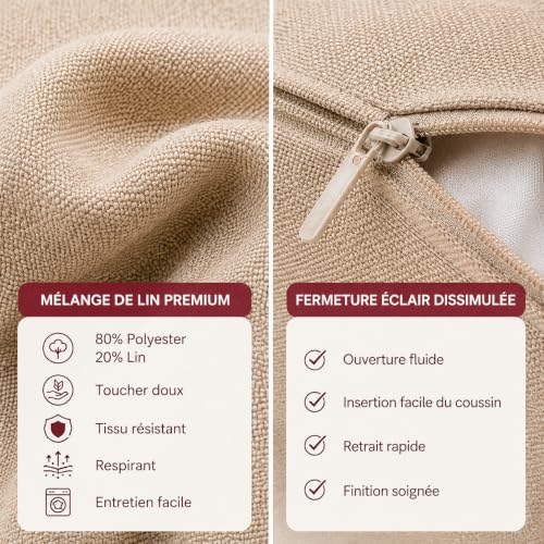 Housses de coussin canapé 45x45 fermeture éclair invisible en lin