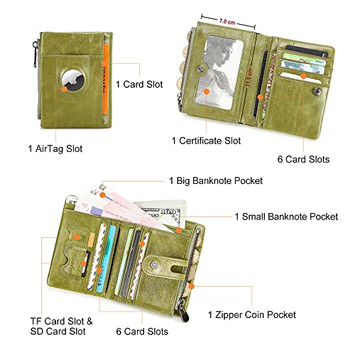 Contacts Womens AirTag Bifold Wallet Leather, Minimalist Leather Credit Card Purse for Women Small Coin Zipper Pocket with RFID Blocking (Green)4