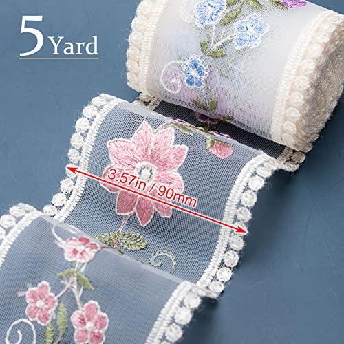 Oiiki 5 Yards Vintage Lace Flower Ribbon, Embroidered Flower Lace Applique, Pink Purple Blue Flower Sewing Patches For Dress Wedding Bridal Bridesmaid Party, Width:9Cm(1 Pcs) #TOP1