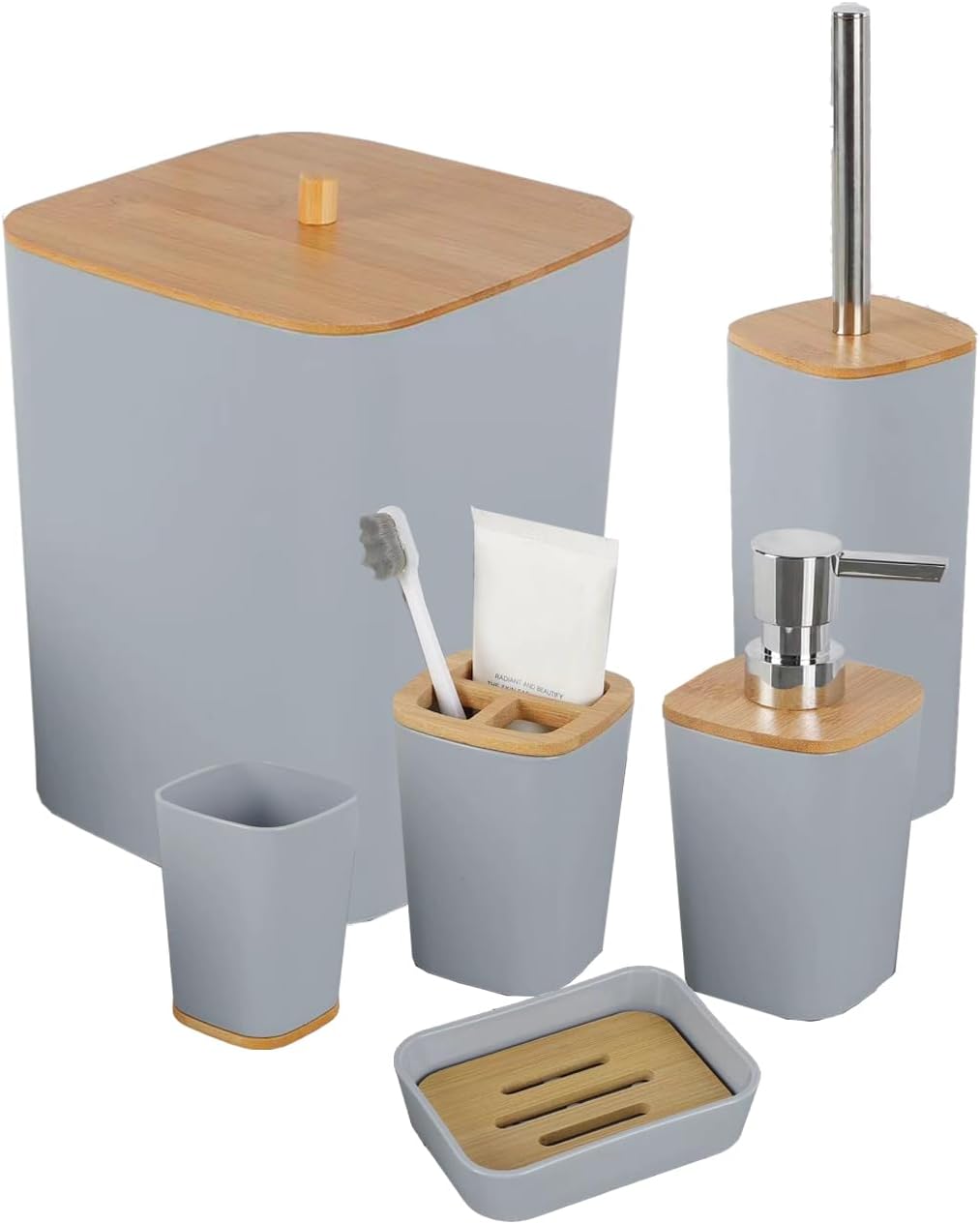 JETAINE 6 Pieces Bamboo Bathroom Accessories Bathroom Accessory Set
