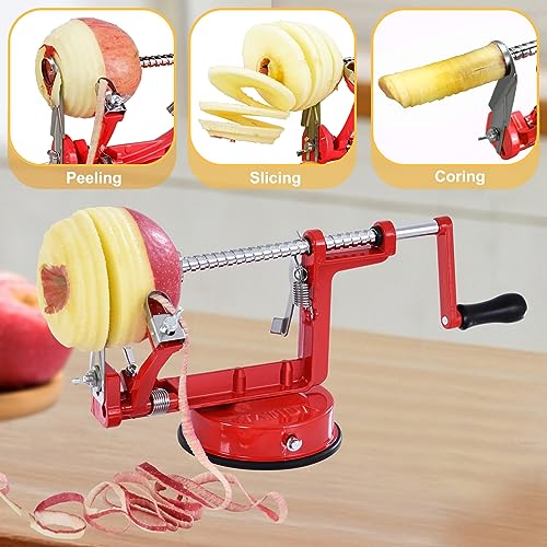 Apple Peeler Corer, Long lasting Chrome Cast Iron Apple Peeler Slicer Corer with Stainless Steel Blades and Powerful Suction Base for Apples and Potato