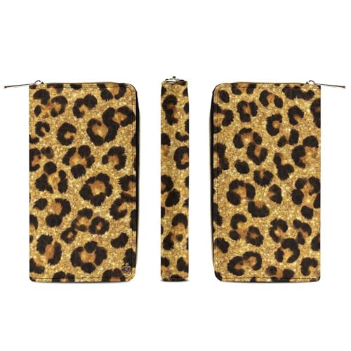 Women's Cute Decor Wallet, Long PU Zipper Wallet, Travel Purse Fashion Design, Huge Storage Capacity Purse Black Gold Glitter Wild Chic Animal Cheetah Leopard Ptint3