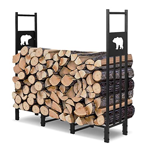 Idee-Home Firewood Rack Outdoor, Fire Wood Holder Outdoors Indoor Wood Storage Racks, Heavy Duty Metal Fireplace Wood Stacking Log Rack Organizer For Patio Outside Inside (4 Feet, Bear Pattern) #TOP22
