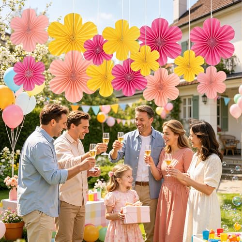 Image of SUNBEAUTY Paper Flowers Decorations for Wall, Paper Flower Fan Classroom Decoration Paper Floral Backdrop Decor Paper Fans Decoration Hanging Paper Fans Pink Yellow Flower Wall Decor