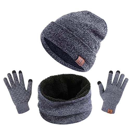 TAGVO Tricotés Ensemble d'hiver Bonnet écharpe Gants d'écran Tactile 3 en 1, Doublure Molleton Doux Bonnet tricoté Chaud Cache-Cou Extensible Gants tactiles à 3 Doigts pour Homme Femme