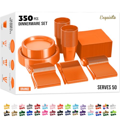 Image of Exquisite 350 Pcs Orange Plates and Napkins Party Supplies Plate Sets | Sturdy Plastic Dinnerware Set With 9 inch & 7 inch Plates, 12 Oz Cups, Lunch Napkins and Cutlery Serves 50 for Birthdays & Everyday