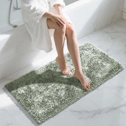 Image of Yimobra Long Bathroom Rug Non Slip 44x24 Inch, Extra Thick Soft Absorbent Chenille Bath Mat, Machine Washable Bath Rugs for Bathroom Floor, Tub and Shower, Home Decor Accessories, Sage Green