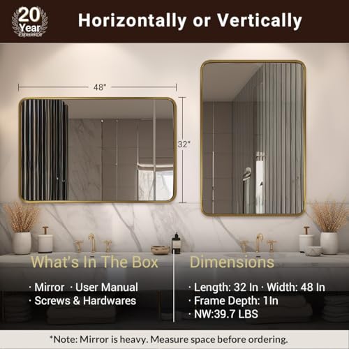 Image of ANDY STAR 48x32 Inch Gold Bathroom Mirror, Brushed Gold Mirrors for Wall in Anti-Rust SUS304 Tube Metal Frame, Rounded Rectangle Mirrors 1'' Deep Wall Mounted Vertically /Horizontal for Bathroom
