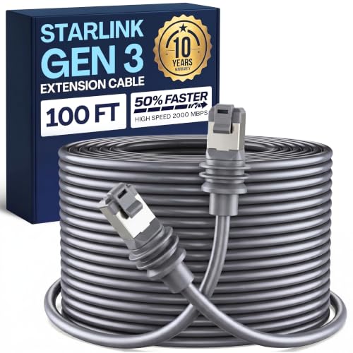 100FT/ 30M Starlink Gen 3 Cable, 26AWG High-Speed Ethernet Cord, Standard RJ45, IP67 Double-Layer Waterproof Outdoor Extension Cable for Satellite Internet, 10-Year Warranty