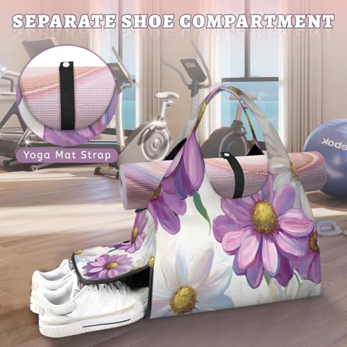 Yoga Bag for Women，Waterproof Polyester Gym Bag Detachable Strap,Shoe Pocket，Double Zipper,White and Purple Flowers Duffel Bags4