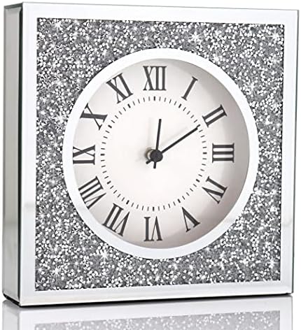 Desk Small Clocks 8x8x2 Inch Crystal Sparkle Twinkle Bling Square Crushed Diamond Mirrored Table Top Decorative Clock for Home Decoration Silver Mirror Home Decor. AA Battery is not Included.