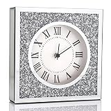 Desk Small Clocks 8x8x2 Inch Crystal Sparkle Twinkle Bling Square Crushed Diamond Mirrored Table Top