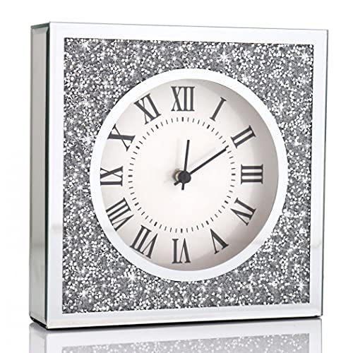 Desk Small Clocks 8X8X2 Inch Crystal Sparkle Twinkle Bling Square Crushed Diamond Mirrored Table Top Decorative Clock For Home Decoration Silver Mirror Home Decor. Aa Battery Is Not Included. #TOP10
