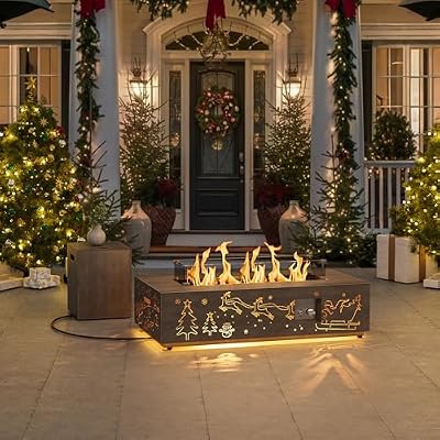 42” Propane Fire Pit Table with LED Lights – Laser-Cut Steel Design for Outdoor Decorations, Holiday Lights, Outdoor Lights (Light Grey with LED Golden Light)