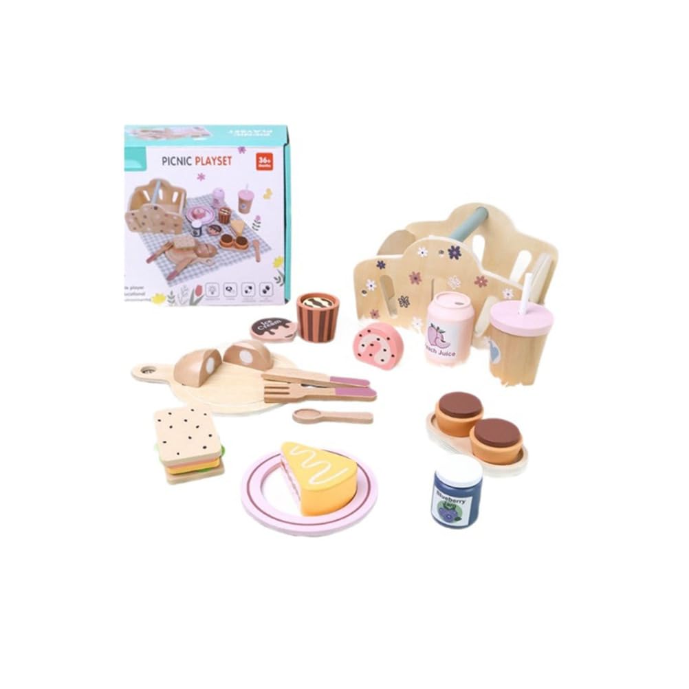 Set da Picnic in Legno, Set di Gioco per Finta tè del Pomeriggio con Dessert