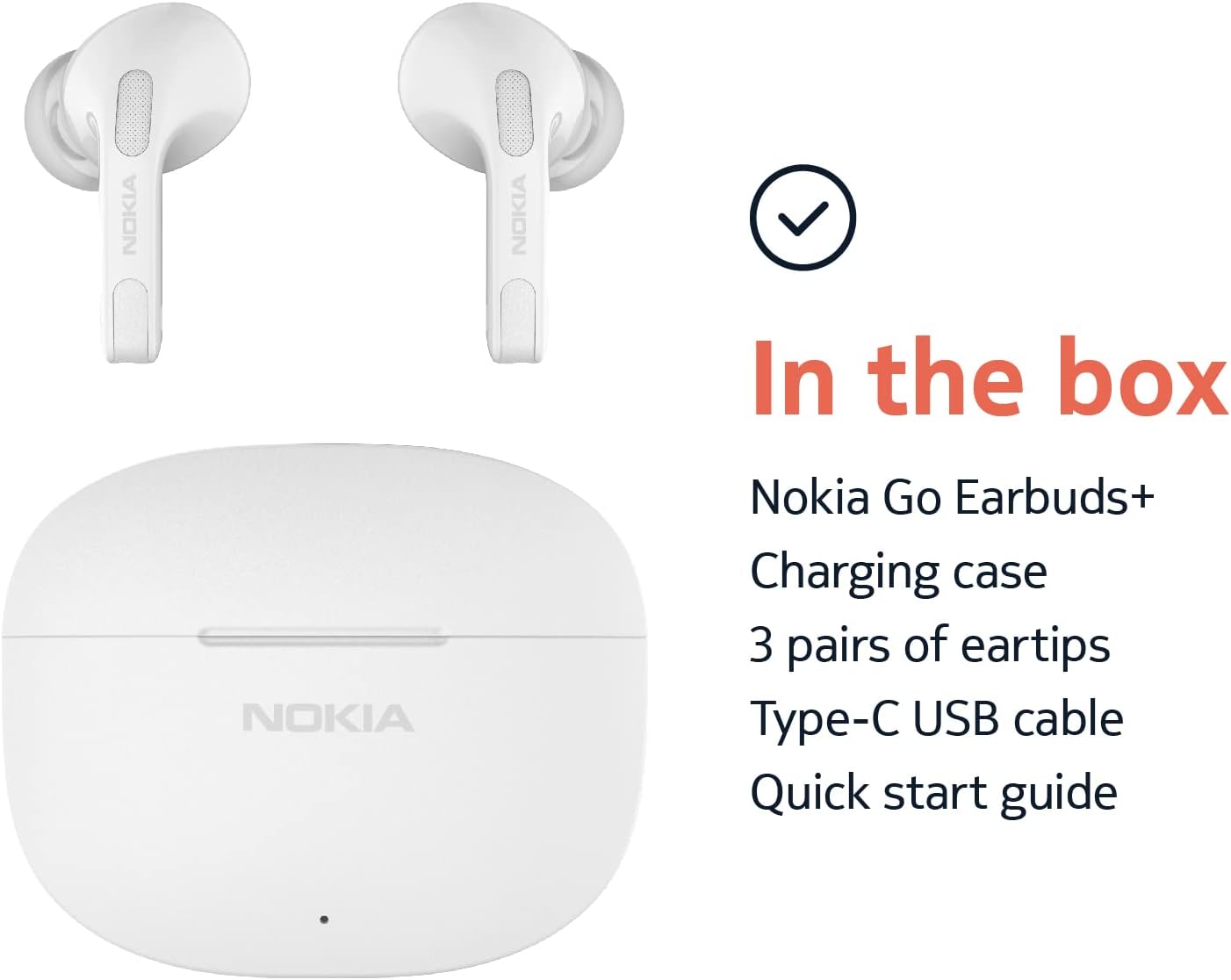 Nokia Go Earbuds+ True Wireless Earbuds TWS-201WH - Portable Bluetooth 5.0 in-Ear Headphones with Touch Control - Comfortable Fit, Voice Assistant-Enabled, 26 Hours Use with Charging Case - White