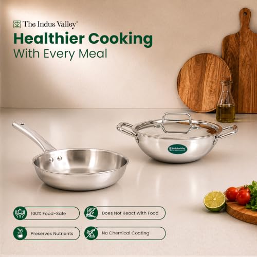 Image of The Indus Valley Tri Ply Stainless Steel Cookware Combo Set | 22cm Kadai with SS Lid + 22cm Fry Pan | 3-Layer Thick Body | 304 Food-Grade Stainless Steel | Induction Compatible