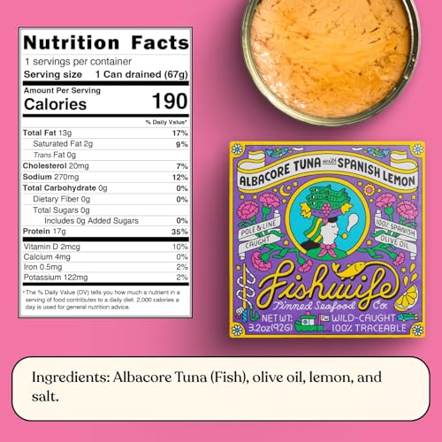 Image of Fishwife Lemon Tuna 6-Pack (3.2 Ounce) | MSC-Certified Sustainable Seafood, High Protein, Gluten Free, Omega-3s | Handpacked in BPA-Free Tins with Spanish Olive Oil and Fresh Lemon Juice