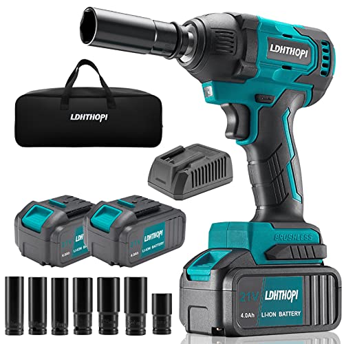 LDHTHOPI Cordless Impact Wrench 1/2 Inch, 21V MAX Torque 370 Ft-lbs High Torque Impact Wrench Kit, with Fast Charger, 2Pcs 4.0Ah Li-ion Batteries, 7 Sockets, Power Impact Wrench for Car and Home