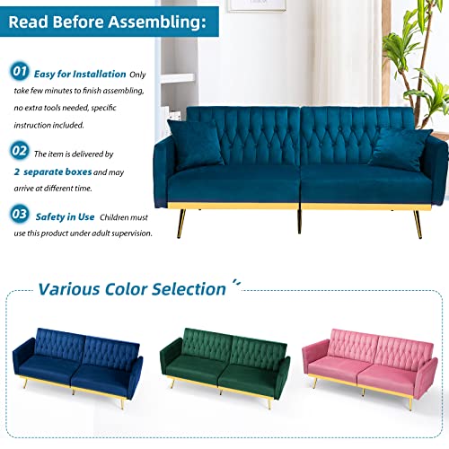 Acmease 70” Velvet Futon Sofa Bed W/Adjustable Armrests And Backrest, Convertible Futon Couch W/2 Pillows, Modern Sleeper Bed For Living Room, Bedroom, Teal #TOP6