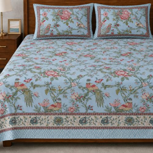 Image of ElanorHomes 240 TC Cotton Double King Size Bedsheet | Ultra-Soft & Skin-Safe | Breathable Summer Comfort | 90x108 inches with 2 Pillow Covers (Aqua Saga)