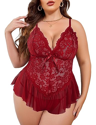 Avidlove Plus Size Women Lingerie Bodysuit Sexy Lace Teddy One Piece Babydoll Chemise L-4XL Dark Red
