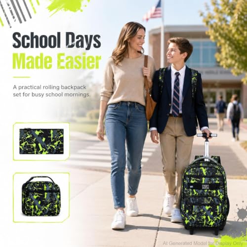 Image of 3Pcs Rolling Backpack for Boys Men, Travel Roller Backpacks with Wheels for Adults, Teens College Graffiti Wheeled Bookbag with Lunch Box(Green)