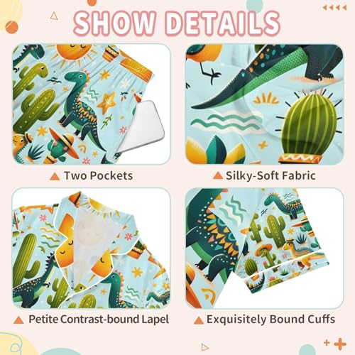 senya Dinosaur and Cactus Satin Summer Pajama Sets Silk Short Sleeve Button Down Sleepwear3