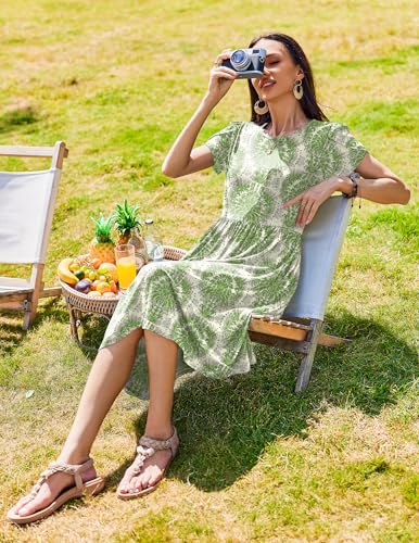 Image of Zeagoo Midi Length Dress for Women Summer Casual Floral Dress with Pockets Aline Flowy Dress Modest Trendy Vocation Outfit Hawaiian Dress Loose Tshirt Dress with Pockets,m
